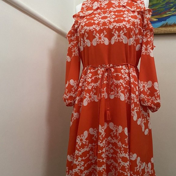 Whistles Coral flower Midi shoulder cut out Dress Size US 2 perfect condition - Picture 6 of 9